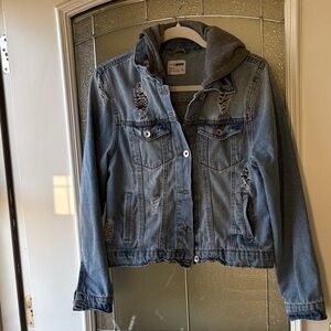 Ci Sono Distressed Denim Jacket with Charcoal Hood